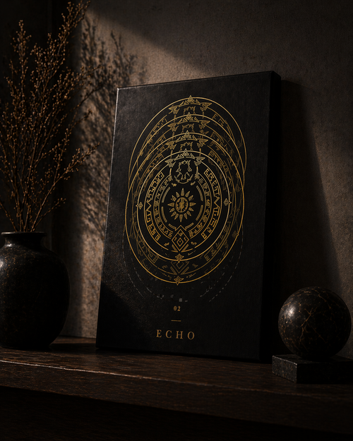 Black canvas titled 'Echo' with gold circular design on a wooden surface