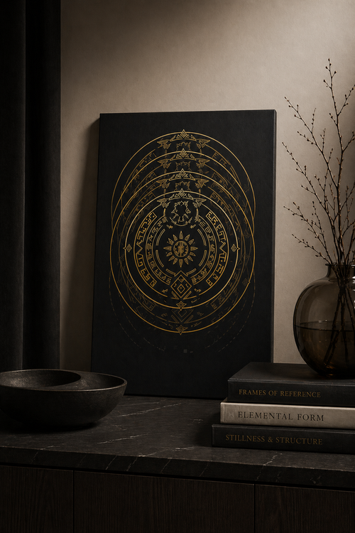 Decorative book with gold circular design on a dark surface
