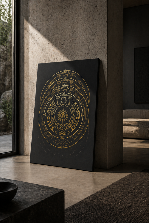 Decorative black canvas with gold circular design in a modern living room.