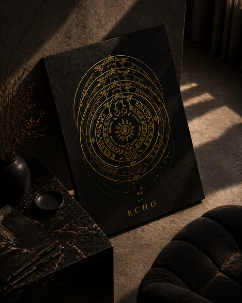 Black canvas with gold circular design and 'ECHO' text on a textured surface