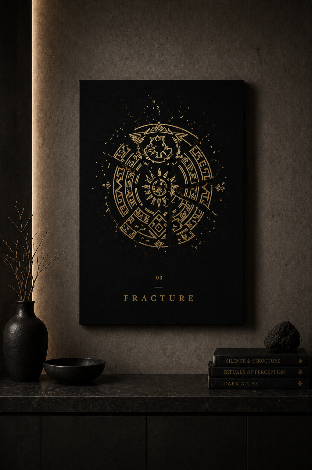 Dark book cover with gold design and 'Fracture' text on a dark surface.