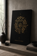 Dark canvas titled 'Fracture' with gold embossed design on a shelf.