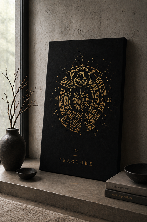 Dark canvas titled 'Fracture' with gold embossed design on a shelf.