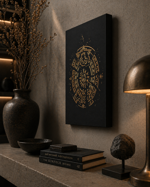 Decorative shelf with books, a vase, and a lamp against a textured wall.