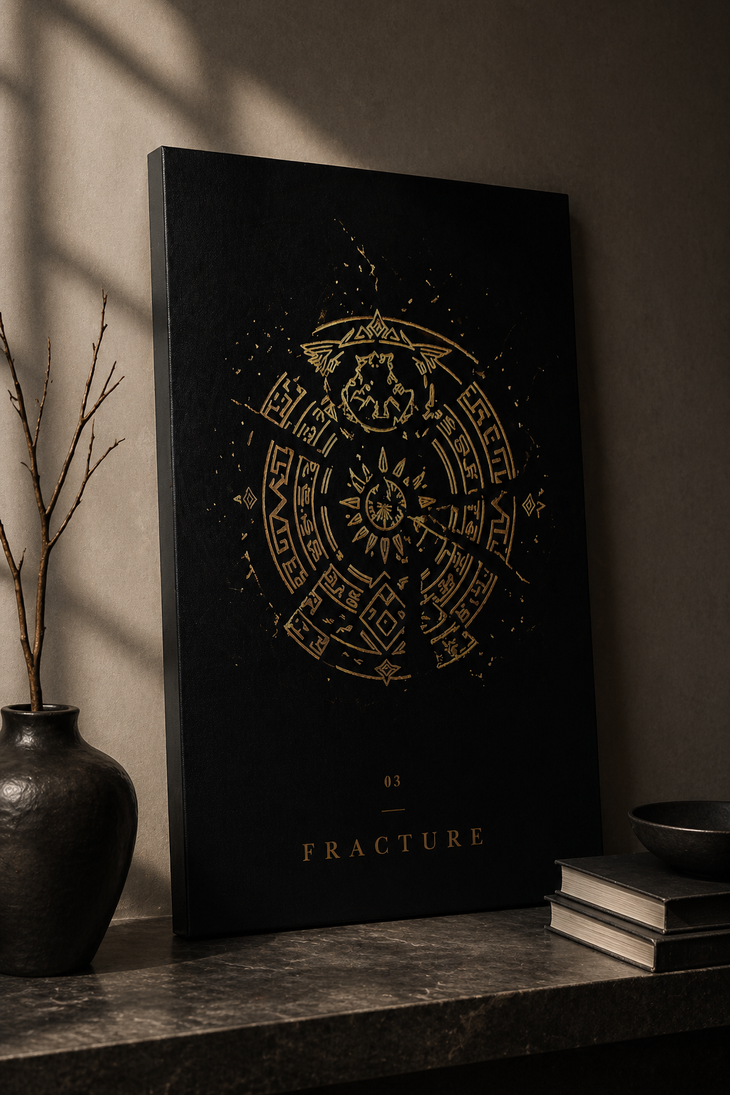 Black book titled 'Fracture' with gold design on a dark surface.