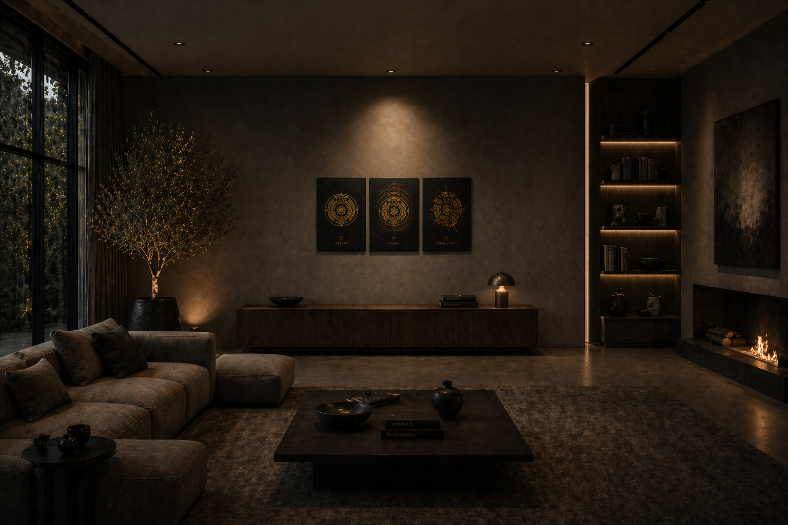 Dark living room with a fireplace, sofa, and decorative elements.